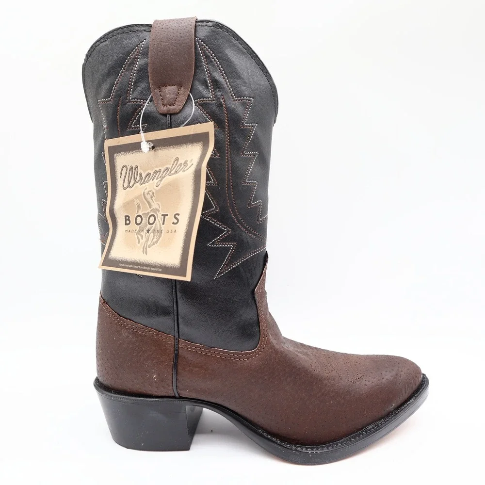 Wrangler Vintage Western Boots Youth 4.5 D Old Brown Leather Black NWT USA Made
